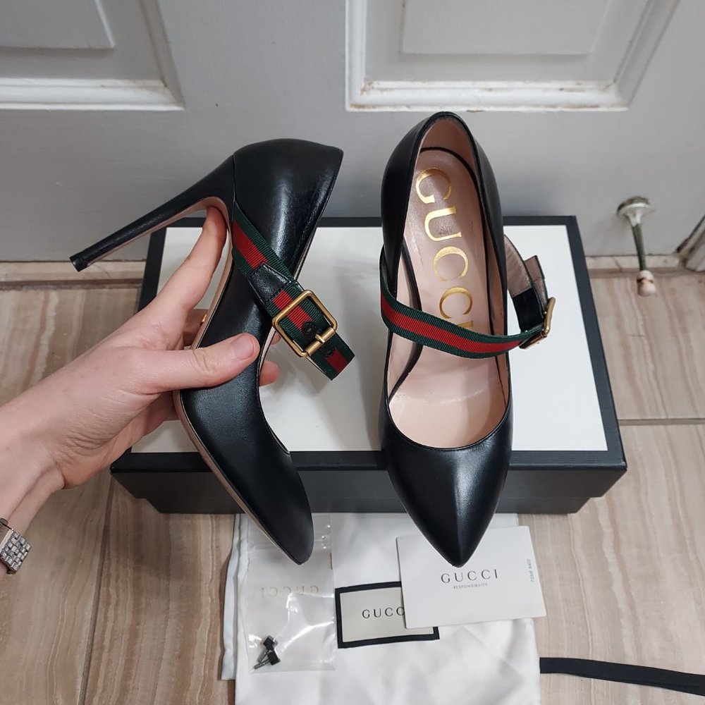 Gucci Black Heels with Green and Red Strap (100mm)